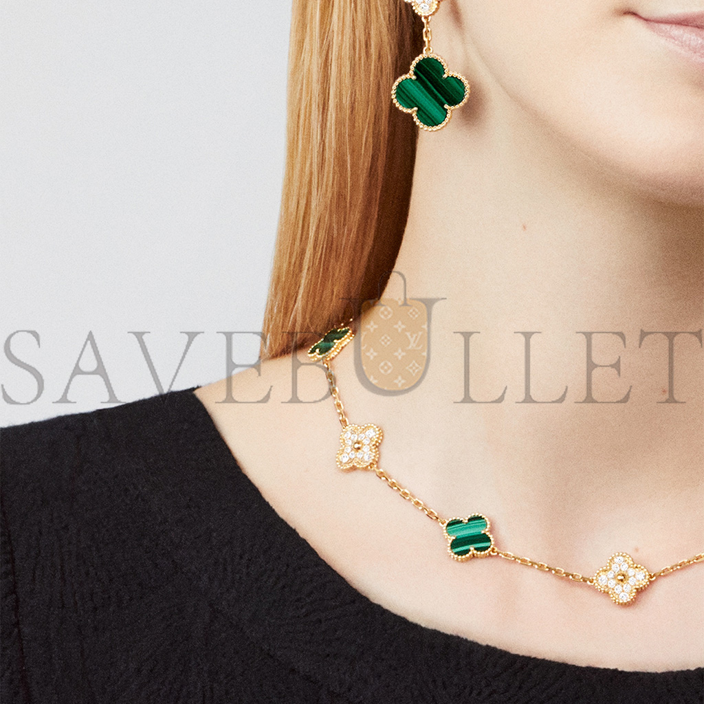 VAN CLEEF ARPELS VINTAGE ALHAMBRA NECKLACE, 10 MOTIFS - YELLOW GOLD, DIAMOND, MALACHITE  VCARO9J400